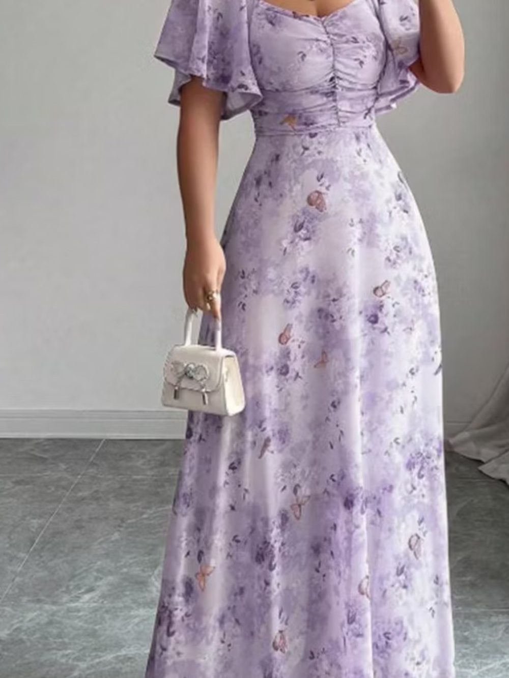 Lilac Floral Maxi Dress with Flutter Sleeves